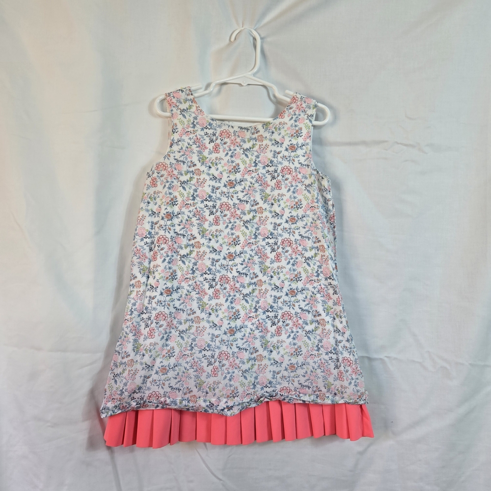 Kingkow Girl White Pink Floral Sleeveless Pleated Hem Boho Cottage Lined Dress 6